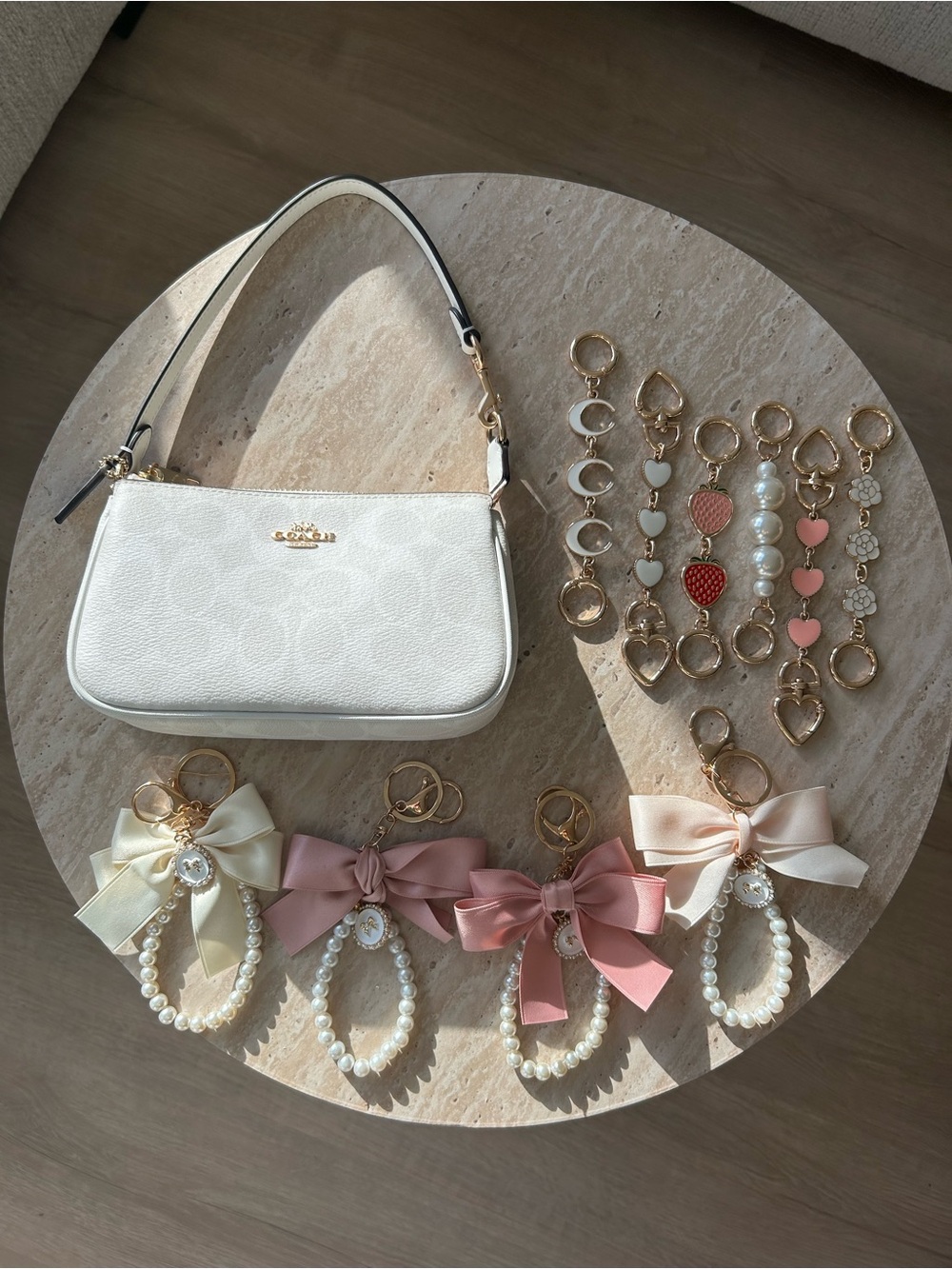 Coach Nolita 19 in Gold White SUPERPACK with 4 bag charms and 6 extenders